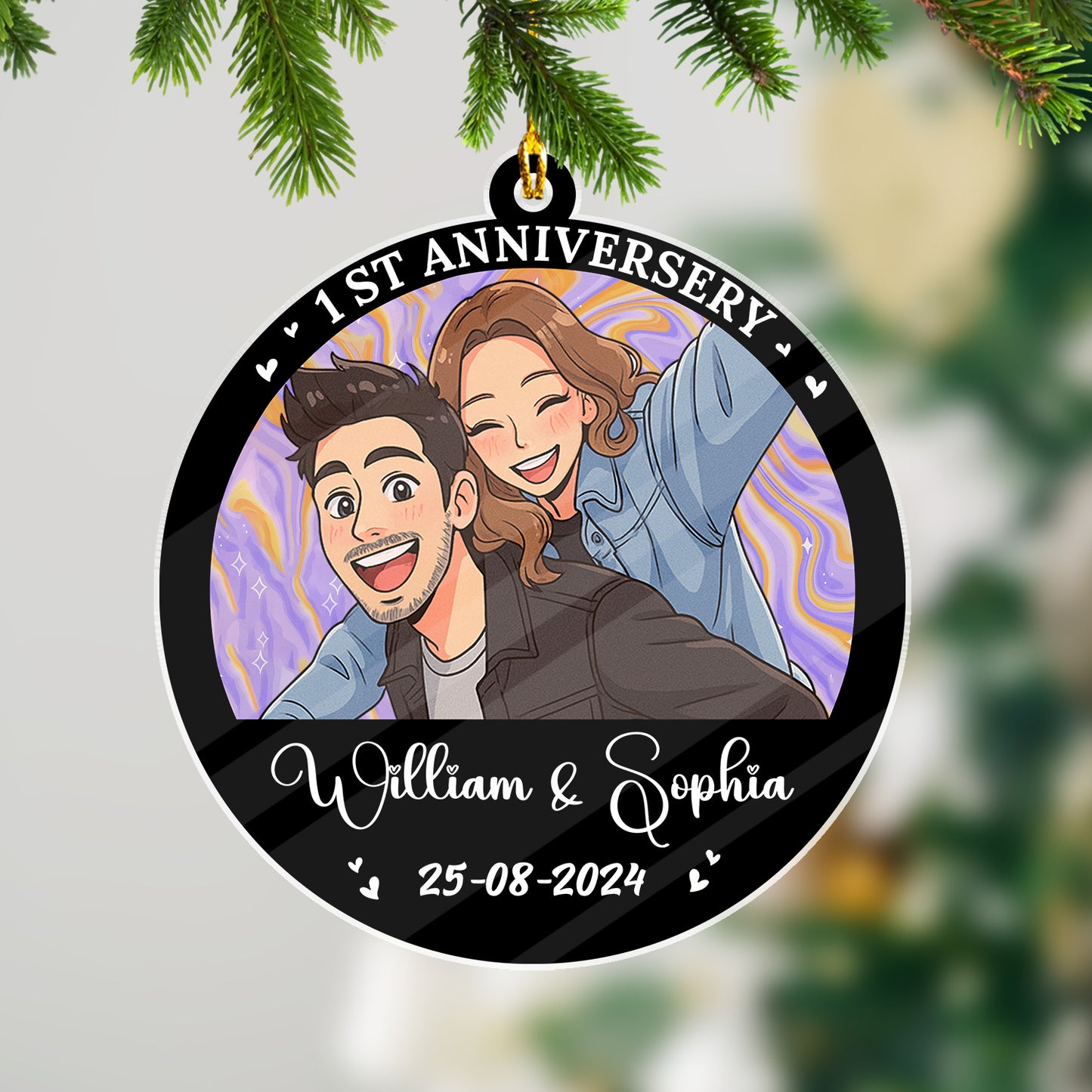 Personalized "Our Christmas Together" acrylic ornament featuring custom names and festive design.