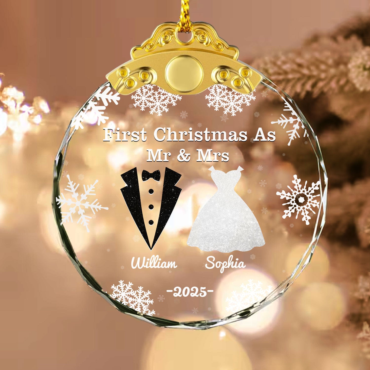 Personalized "Our Christmas Together" glass ornament with silver and gold cap, perfect for a couple's first Christmas.
