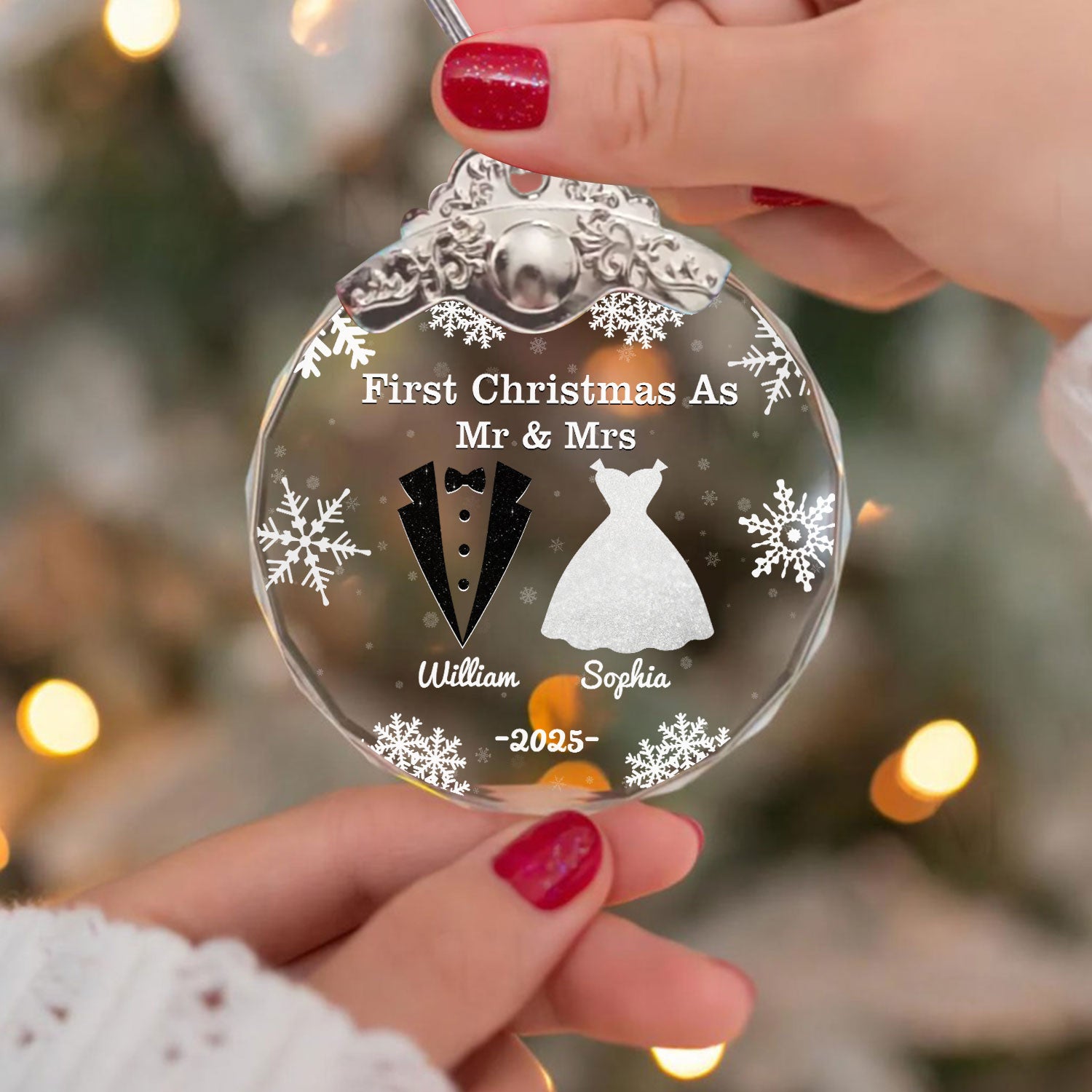 Personalized "Our Christmas Together" glass ornament with silver and gold cap, perfect for a couple's first Christmas.