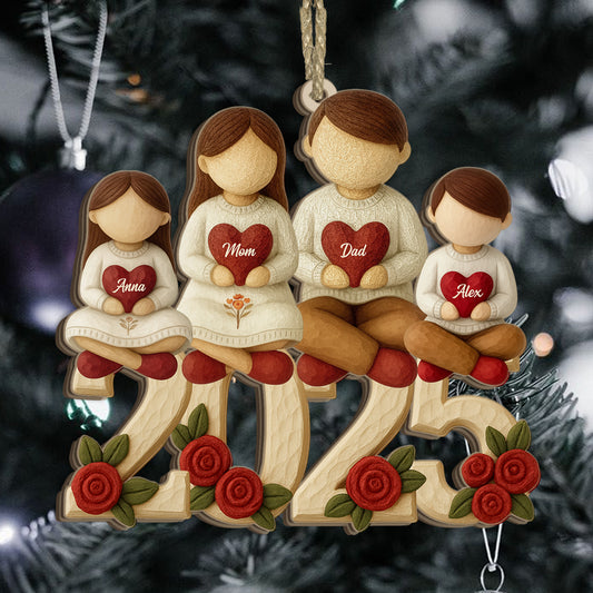 Personalized "Our Family 2025" Christmas ornament, clear acrylic, perfect family keepsake.