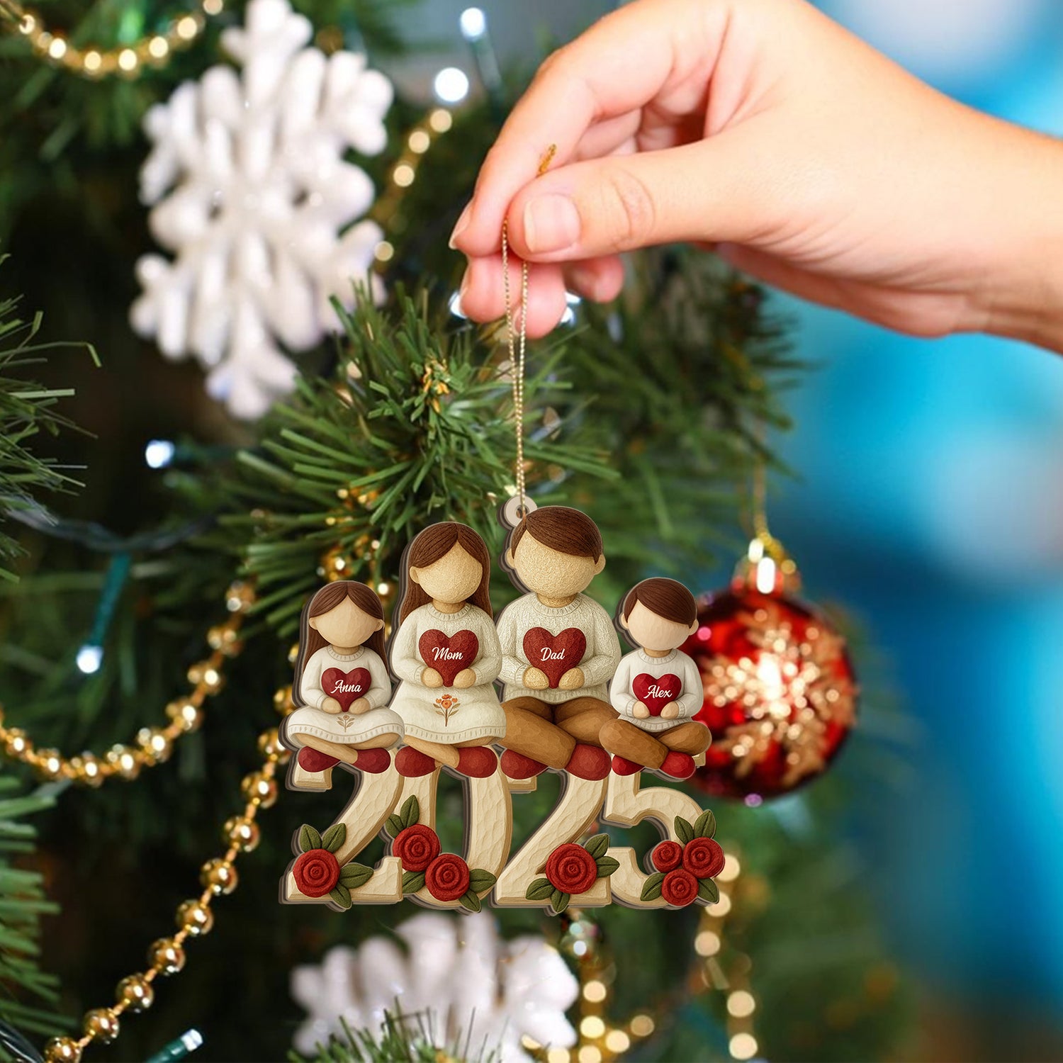 Personalized "Our Family 2025" Christmas ornament, clear acrylic, perfect family keepsake.