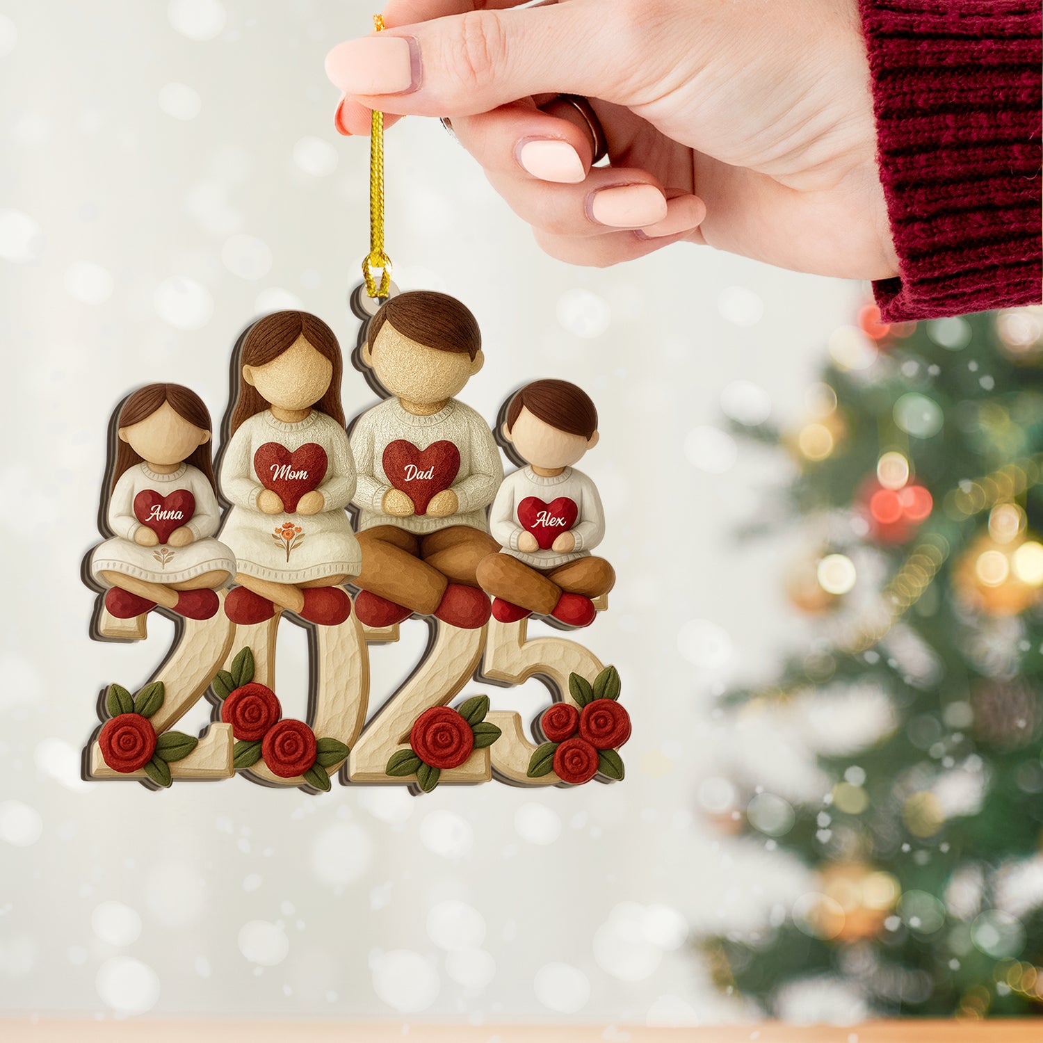 Personalized "Our Family 2025" Christmas ornament, clear acrylic, perfect family keepsake.
