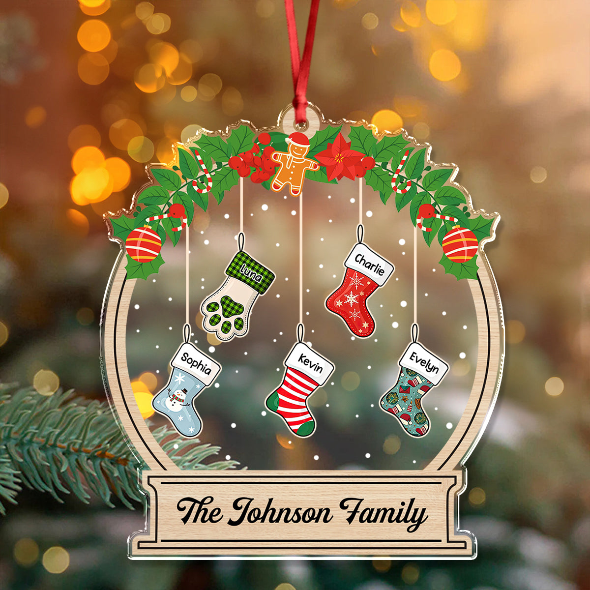 Personalized "Our Family" Christmas sock acrylic ornament with custom names.