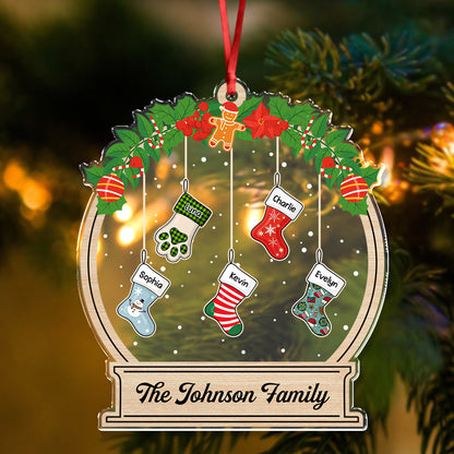 Personalized "Our Family" Christmas sock acrylic ornament with custom names.
