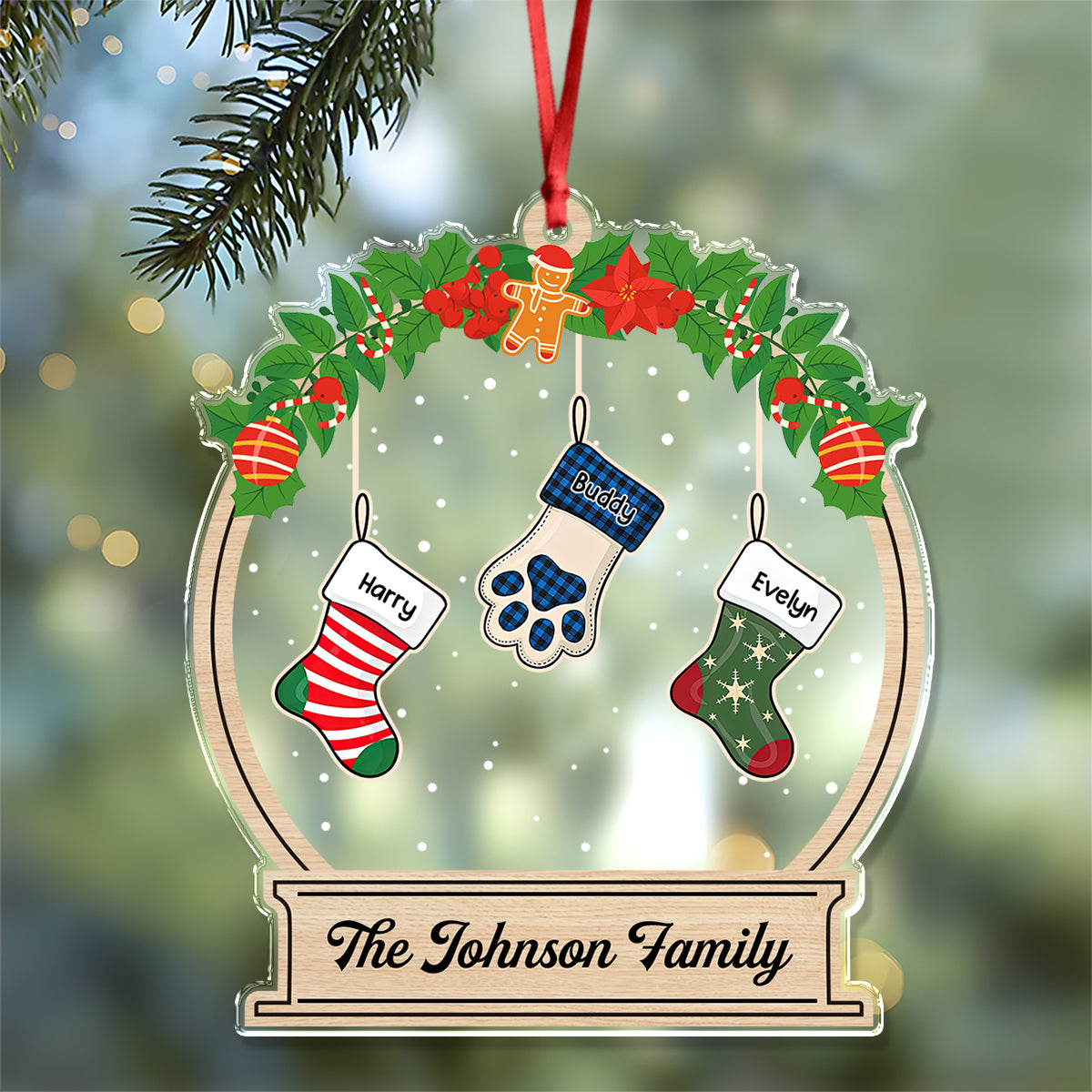 Personalized "Our Family" Christmas sock acrylic ornament with custom names.