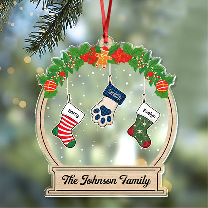 Personalized "Our Family" Christmas sock acrylic ornament with custom names.
