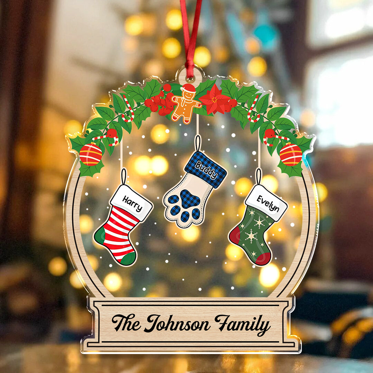 Personalized "Our Family" Christmas sock acrylic ornament with custom names.