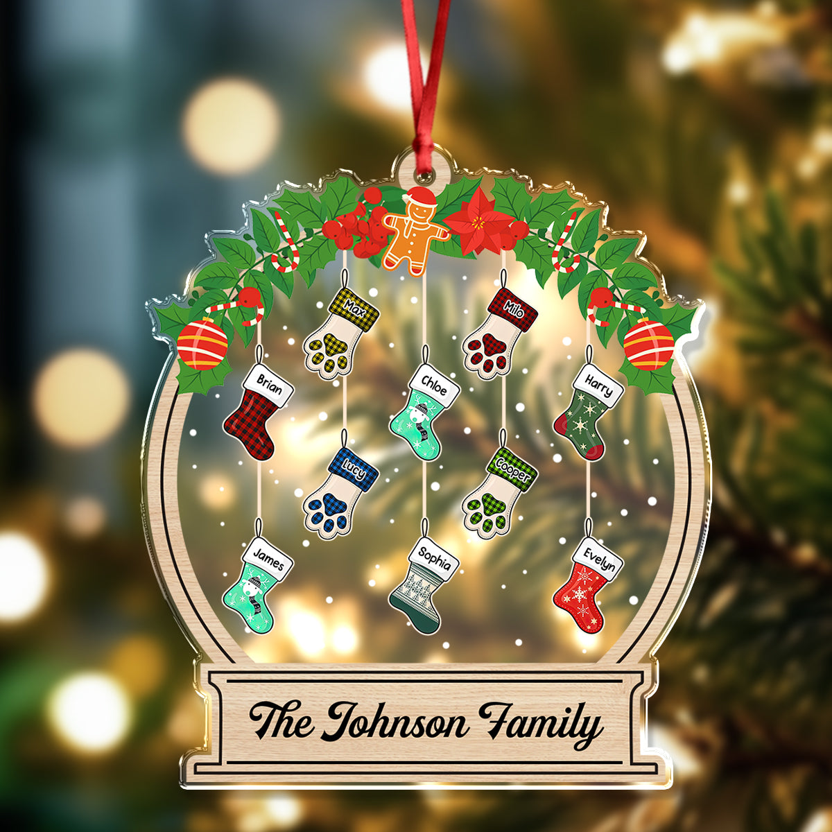 Personalized "Our Family" Christmas sock acrylic ornament with custom names.