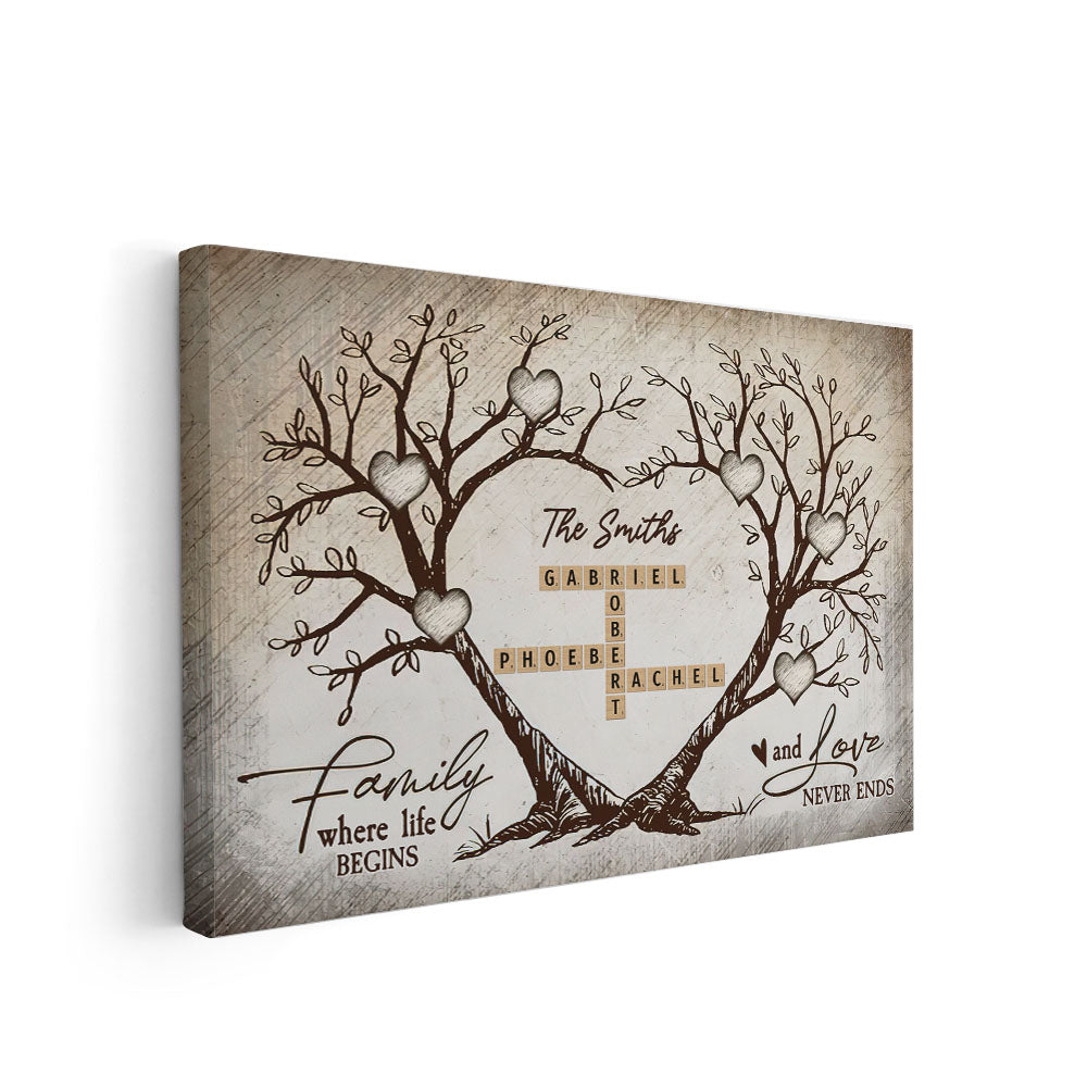 Personalized family crossword canvas print, featuring names interwoven in a unique word puzzle design.