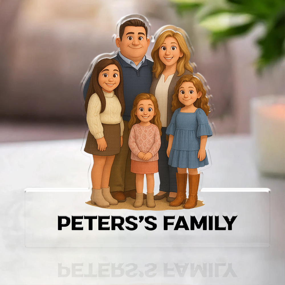 Personalized acrylic block plaque featuring a custom family figure illustration.