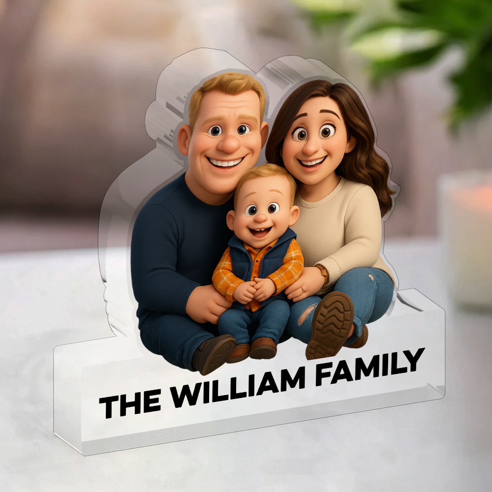 Personalized acrylic block plaque featuring a custom family figure illustration.