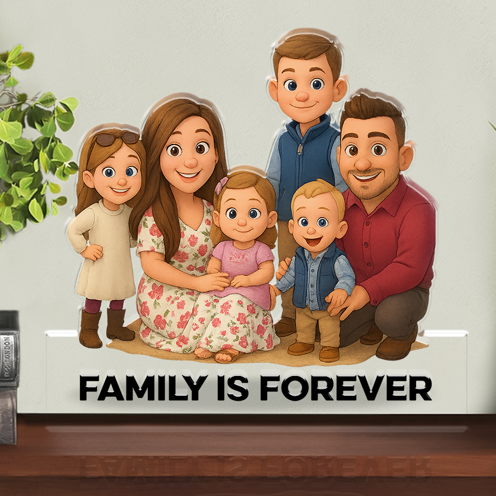 Personalized acrylic block plaque featuring a custom family figure illustration.
