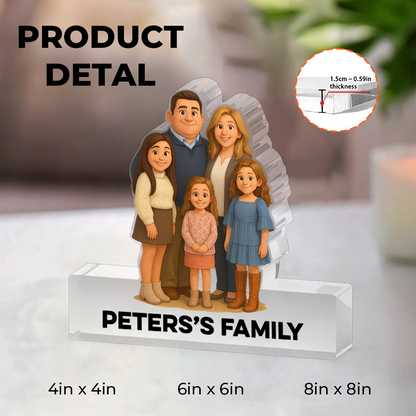 Personalized acrylic block plaque featuring a custom family figure illustration.