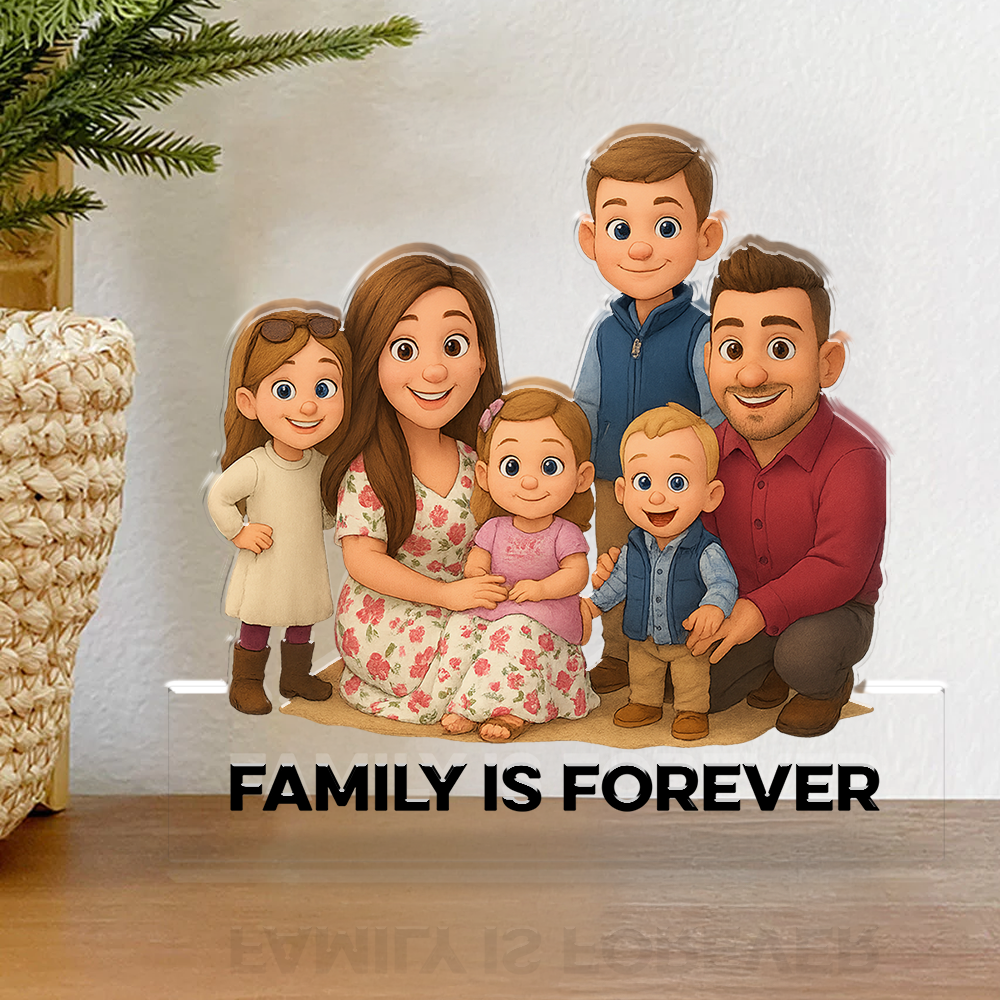 Personalized acrylic block plaque featuring a custom family figure illustration.