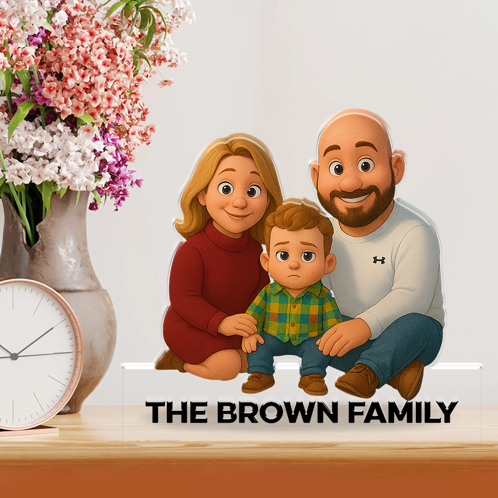 Personalized acrylic block plaque featuring a custom family figure illustration.