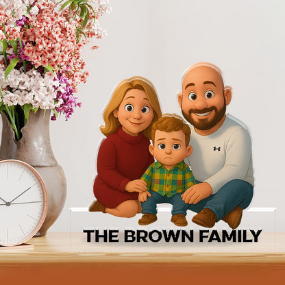Personalized acrylic block plaque featuring a custom family figure illustration.