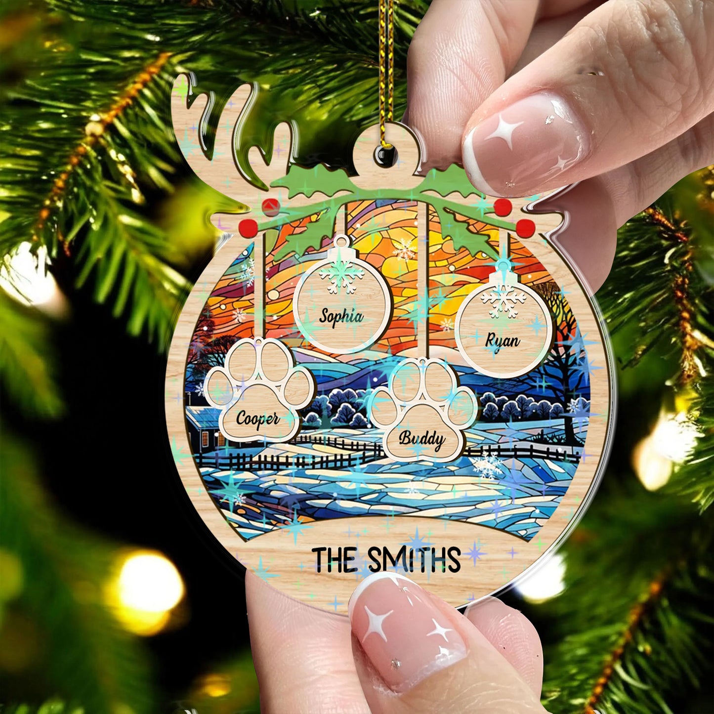 Custom "Our Family" Hologram Ornament in unique shape, shimmering with iridescent colors.