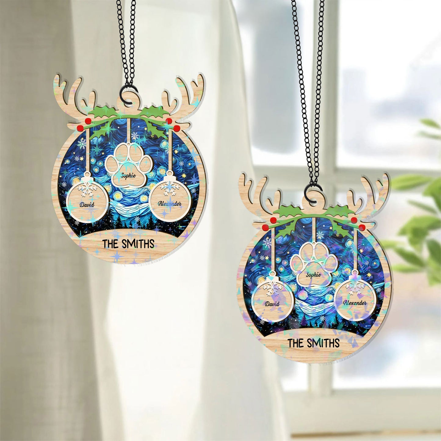 Custom "Our Family" Hologram Ornament in unique shape, shimmering with iridescent colors.