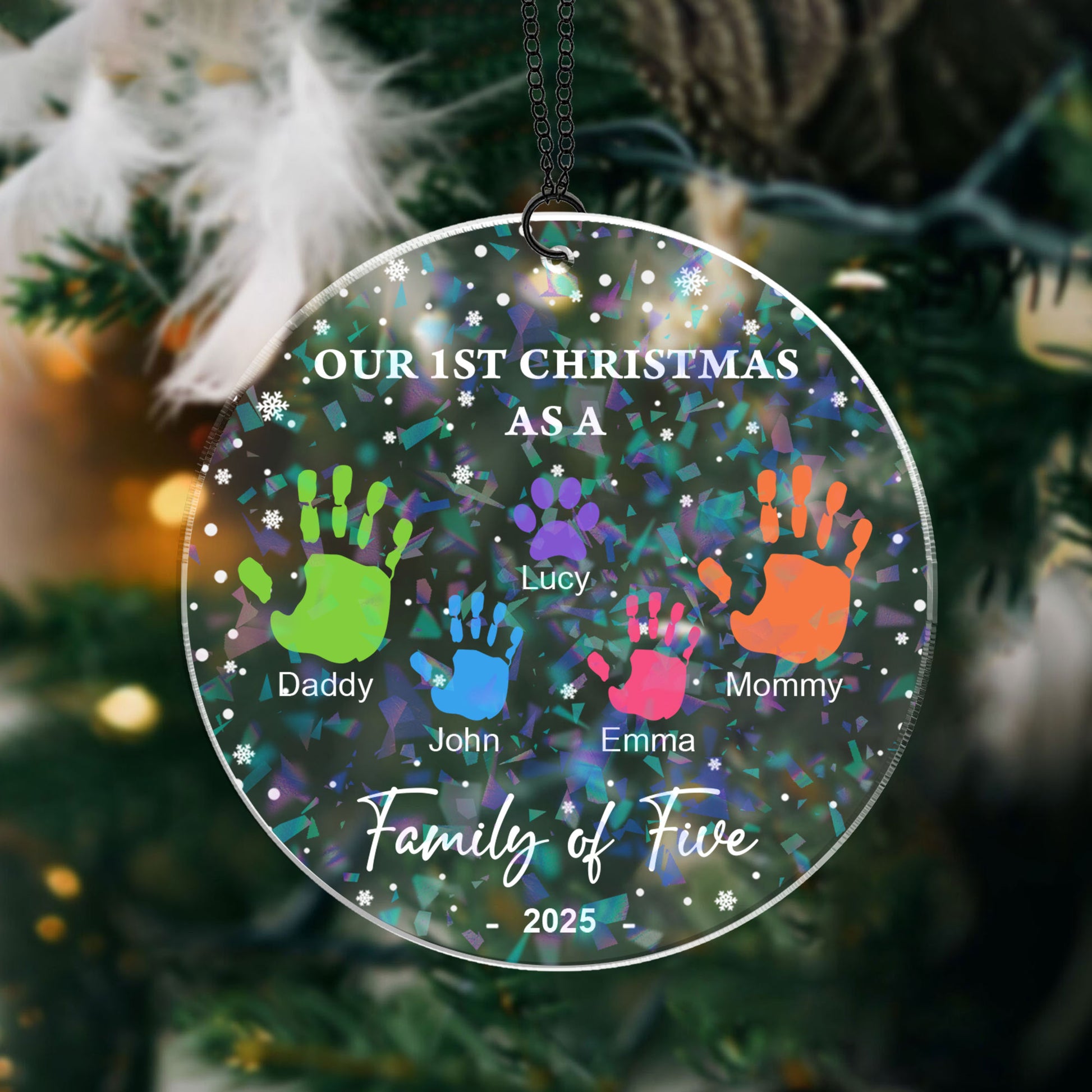 Our Family Custom Shape Hologram Ornament, personalized with names, shimmering in the light.