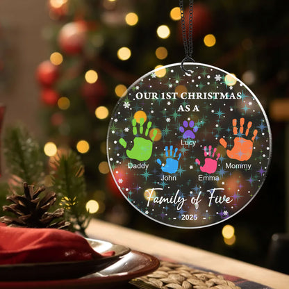 Our Family Custom Shape Hologram Ornament, personalized with names, shimmering in the light.