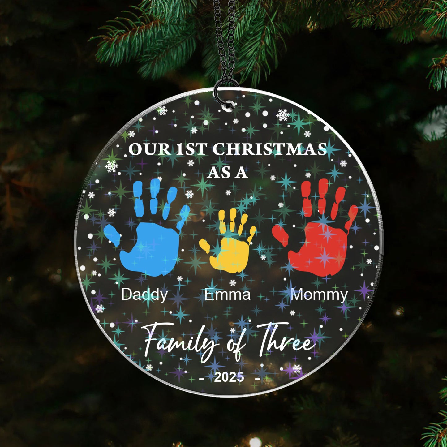 Our Family Custom Shape Hologram Ornament, personalized with names, shimmering in the light.