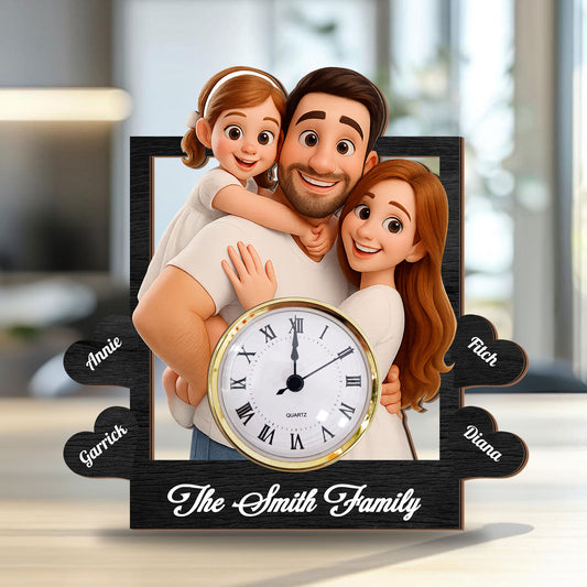 Personalized family desk clock plaque with custom names and "Our Family" engraving.