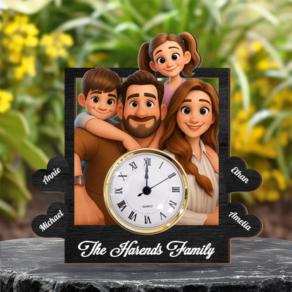 Personalized family desk clock plaque with custom names and "Our Family" engraving.