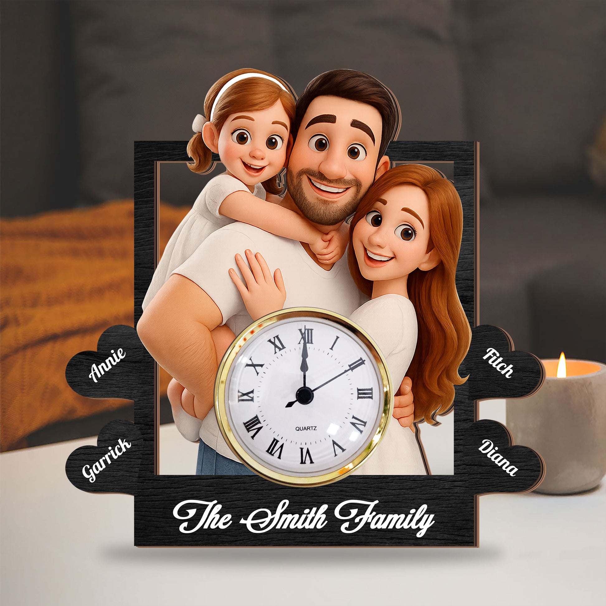 Personalized family desk clock plaque with custom names and "Our Family" engraving.