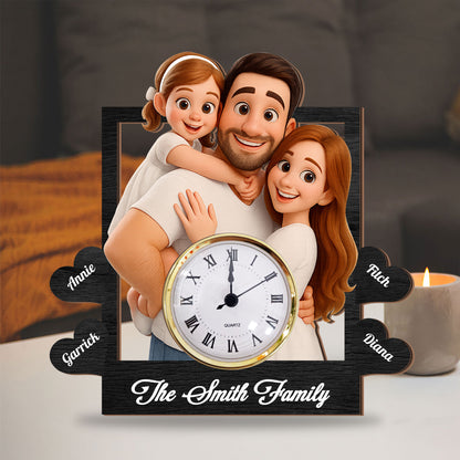 Personalized family desk clock plaque with custom names and "Our Family" engraving.
