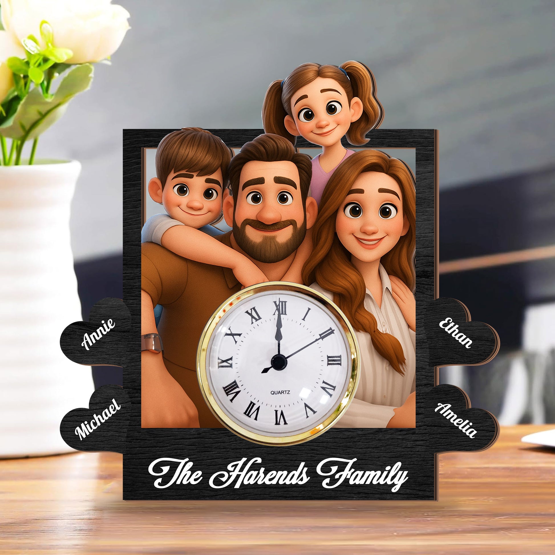 Personalized family desk clock plaque with custom names and "Our Family" engraving.