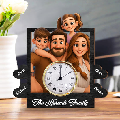 Personalized family desk clock plaque with custom names and "Our Family" engraving.