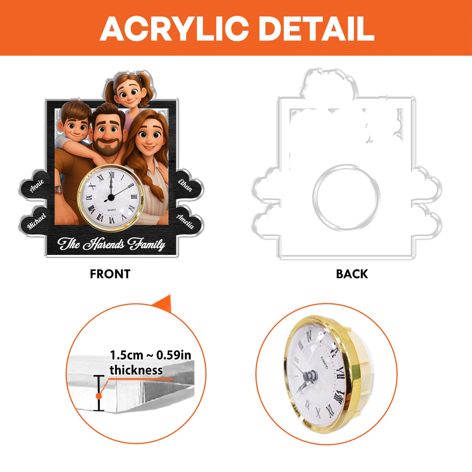 Personalized family desk clock plaque with custom names and "Our Family" engraving.