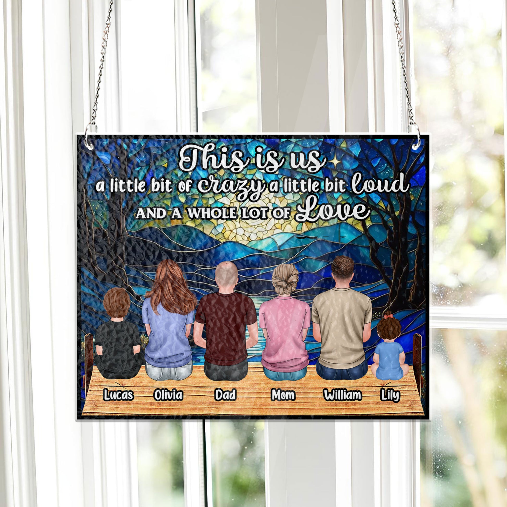 Personalized family photo stained glass suncatcher hanging in a bright window, customized with your picture.