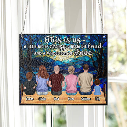 Personalized family photo stained glass suncatcher hanging in a bright window, customized with your picture.