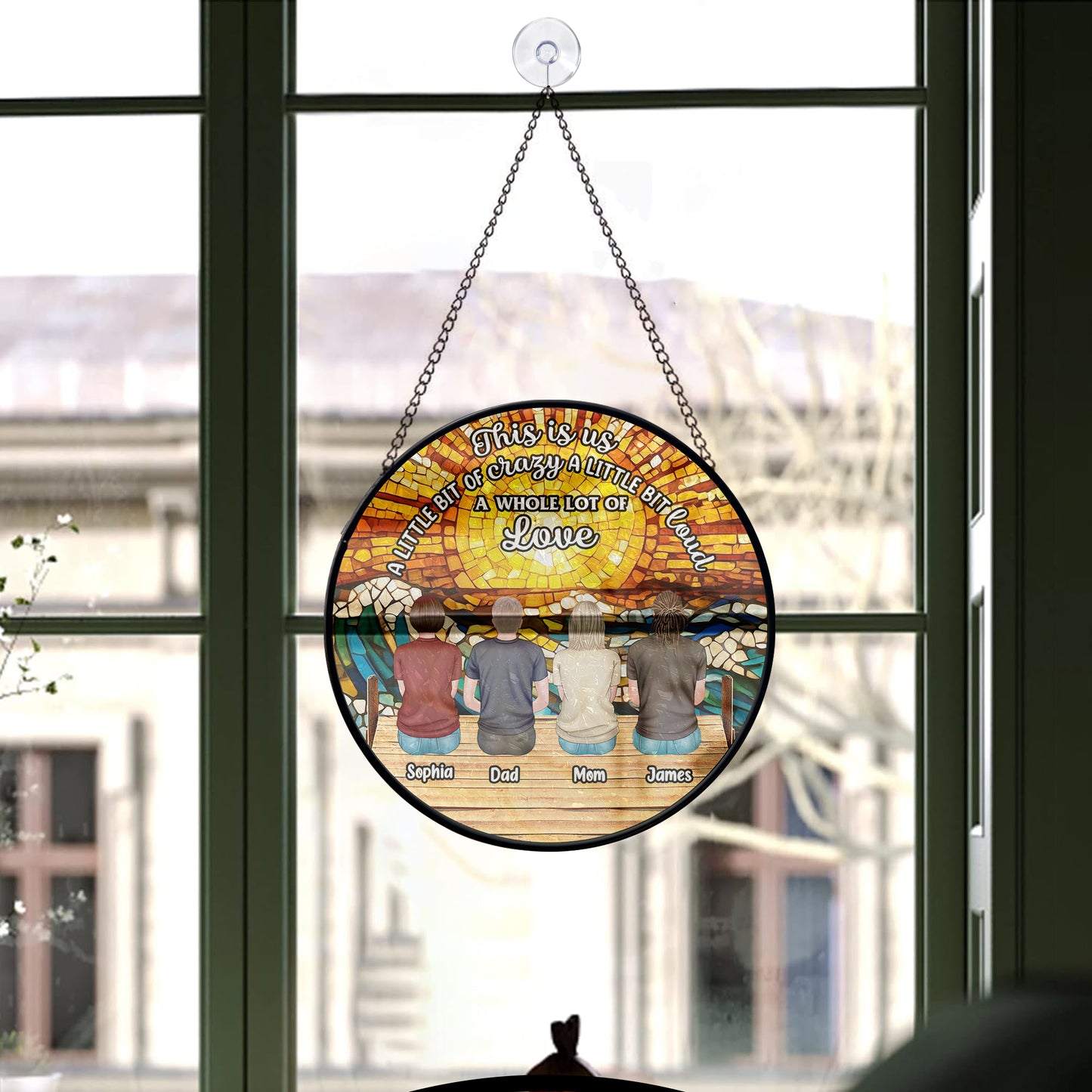 Personalized family photo stained glass suncatcher hanging in a bright window, customized with your picture.