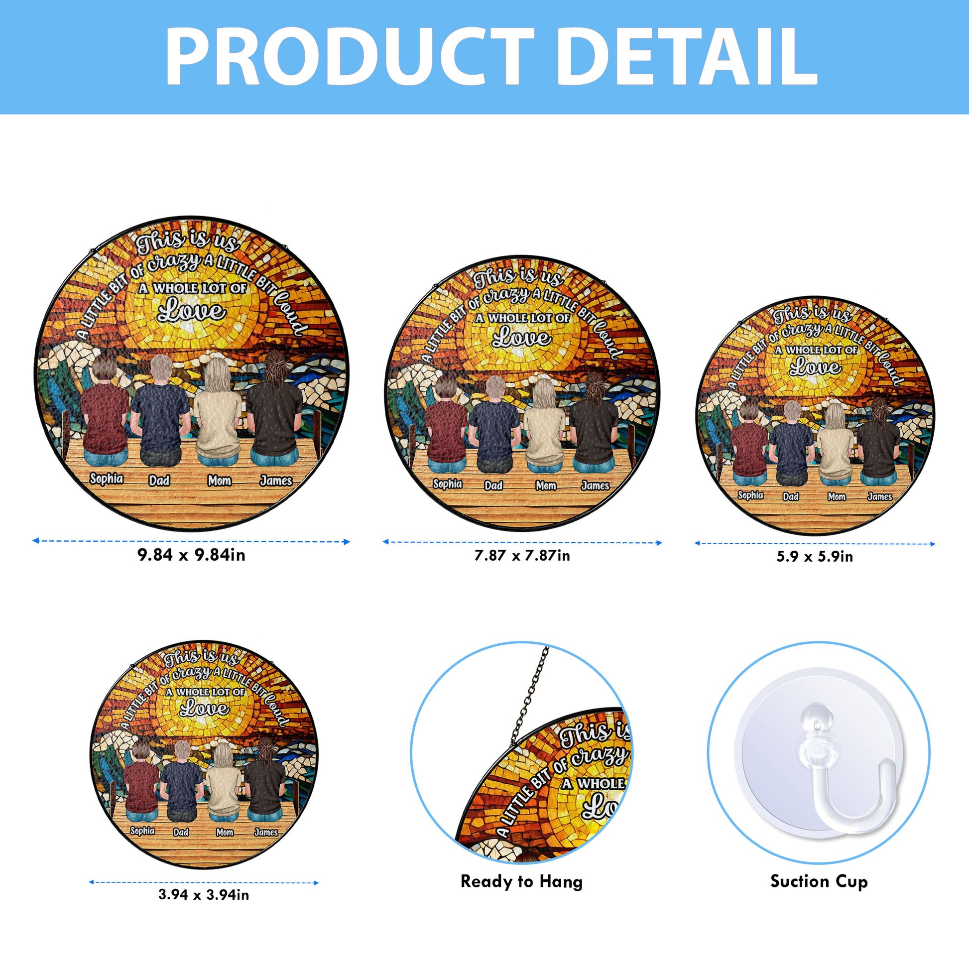 Personalized family photo stained glass suncatcher hanging in a bright window, customized with your picture.