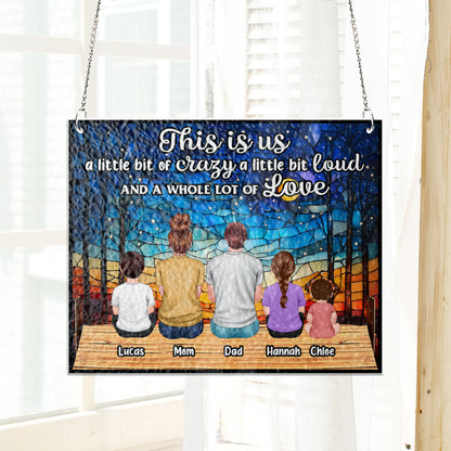 Personalized family photo stained glass suncatcher hanging in a bright window, customized with your picture.