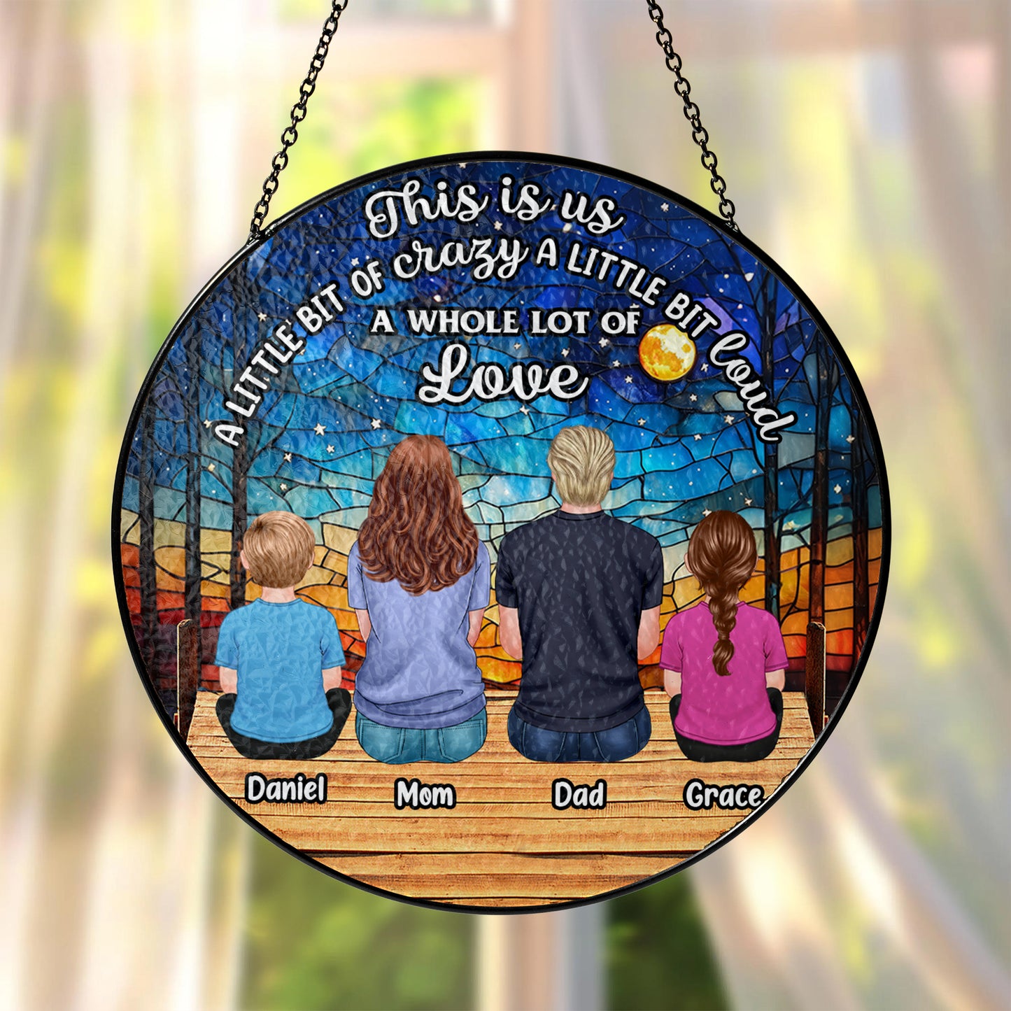 Personalized family photo stained glass suncatcher hanging in a bright window, customized with your picture.