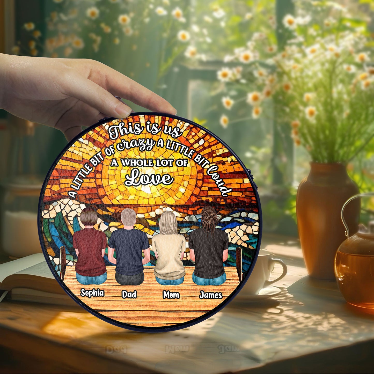 Personalized family photo stained glass suncatcher hanging in a bright window, customized with your picture.