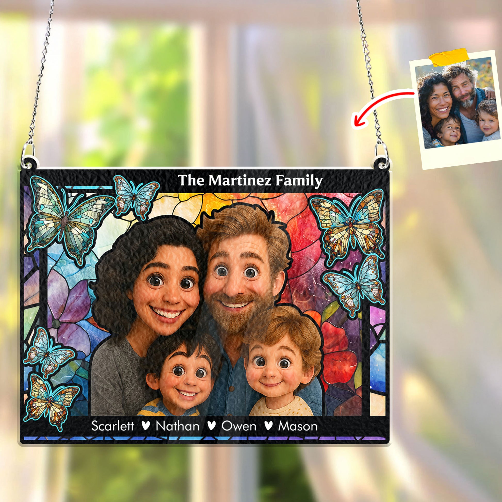 Personalized family photo stained glass suncatcher hanging in a window, creating colorful light.