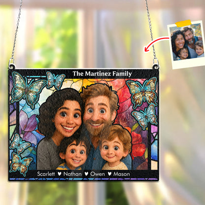 Personalized family photo stained glass suncatcher hanging in a window, creating colorful light.