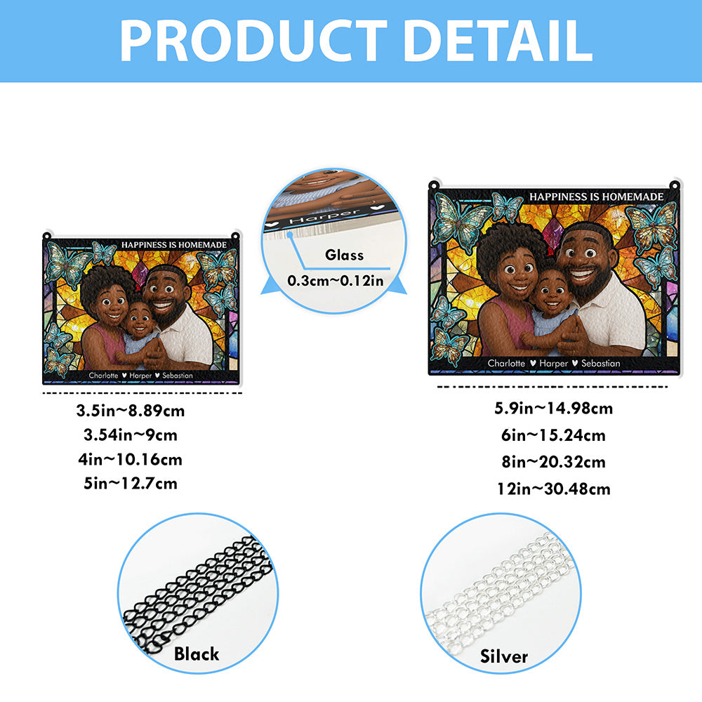 Personalized family photo stained glass suncatcher hanging in a window, creating colorful light.