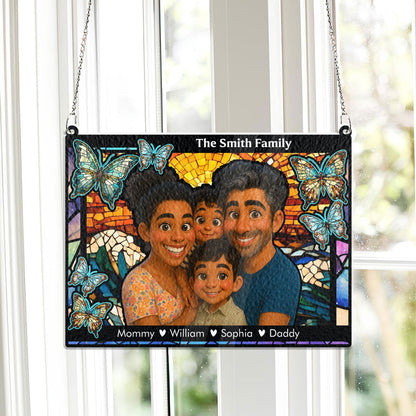 Personalized family photo stained glass suncatcher hanging in a window, creating colorful light.