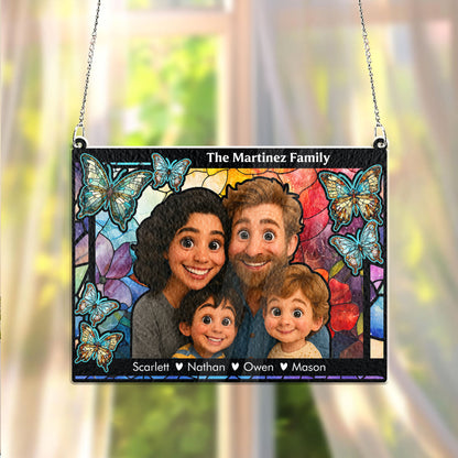 Personalized family photo stained glass suncatcher hanging in a window, creating colorful light.