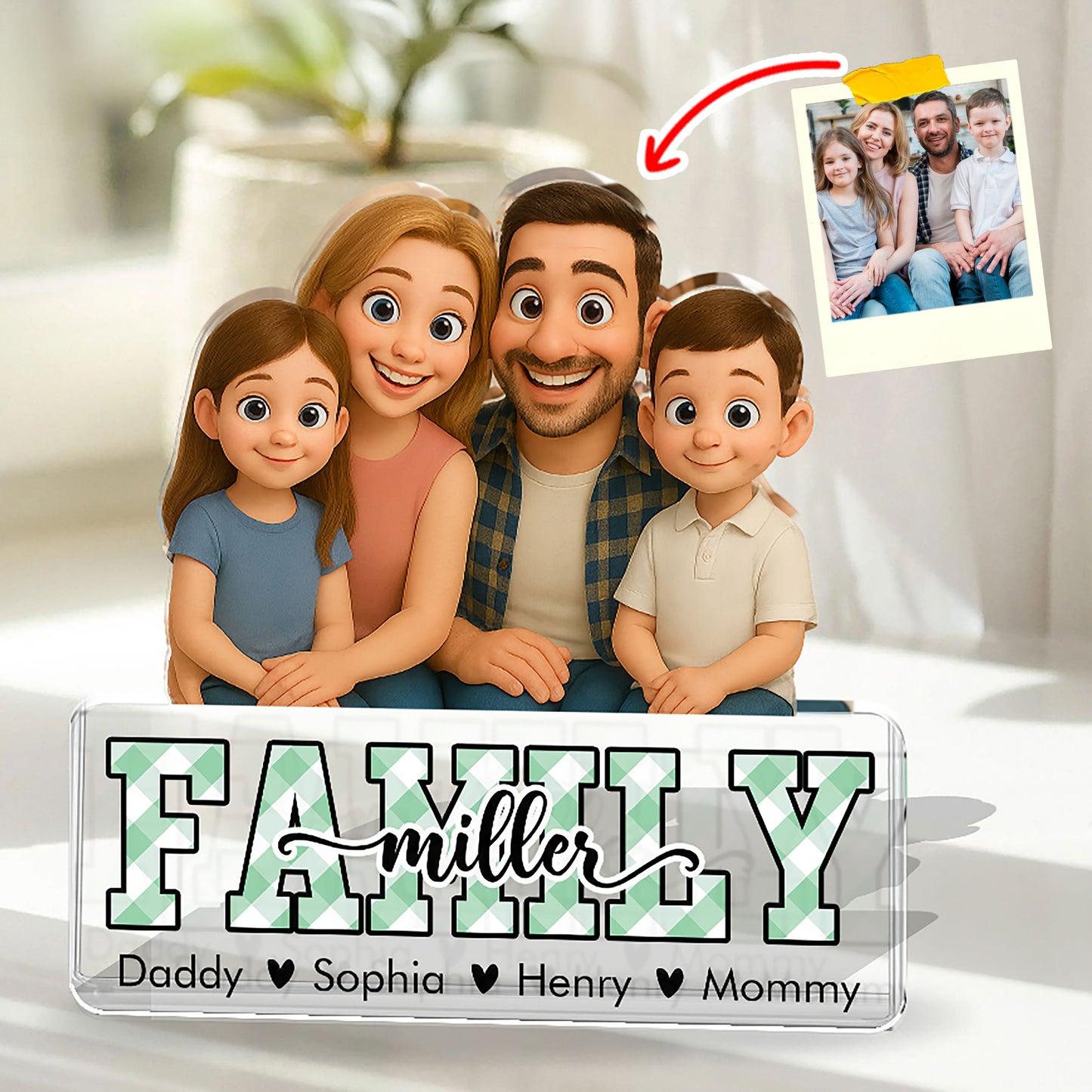 Personalized "Our Family Name" cartoon custom figure acrylic block plaque.