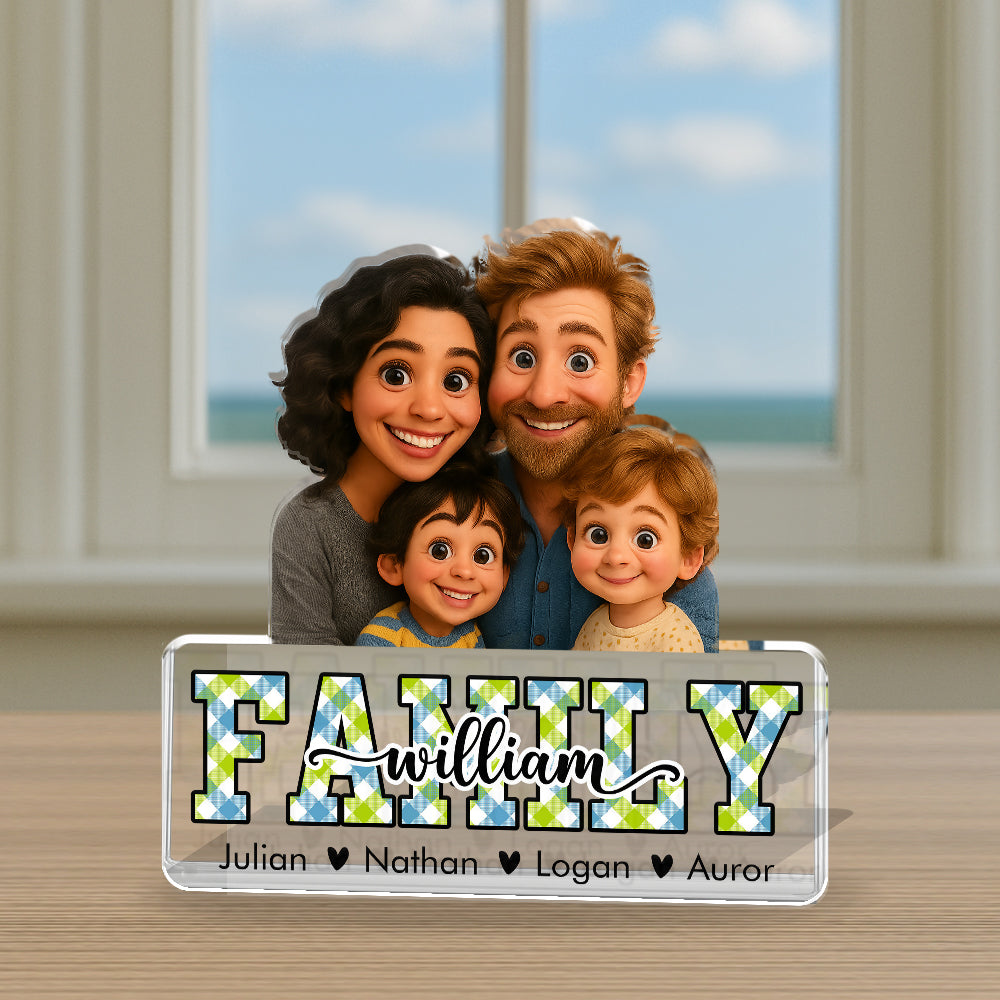 Personalized "Our Family Name" cartoon custom figure acrylic block plaque.