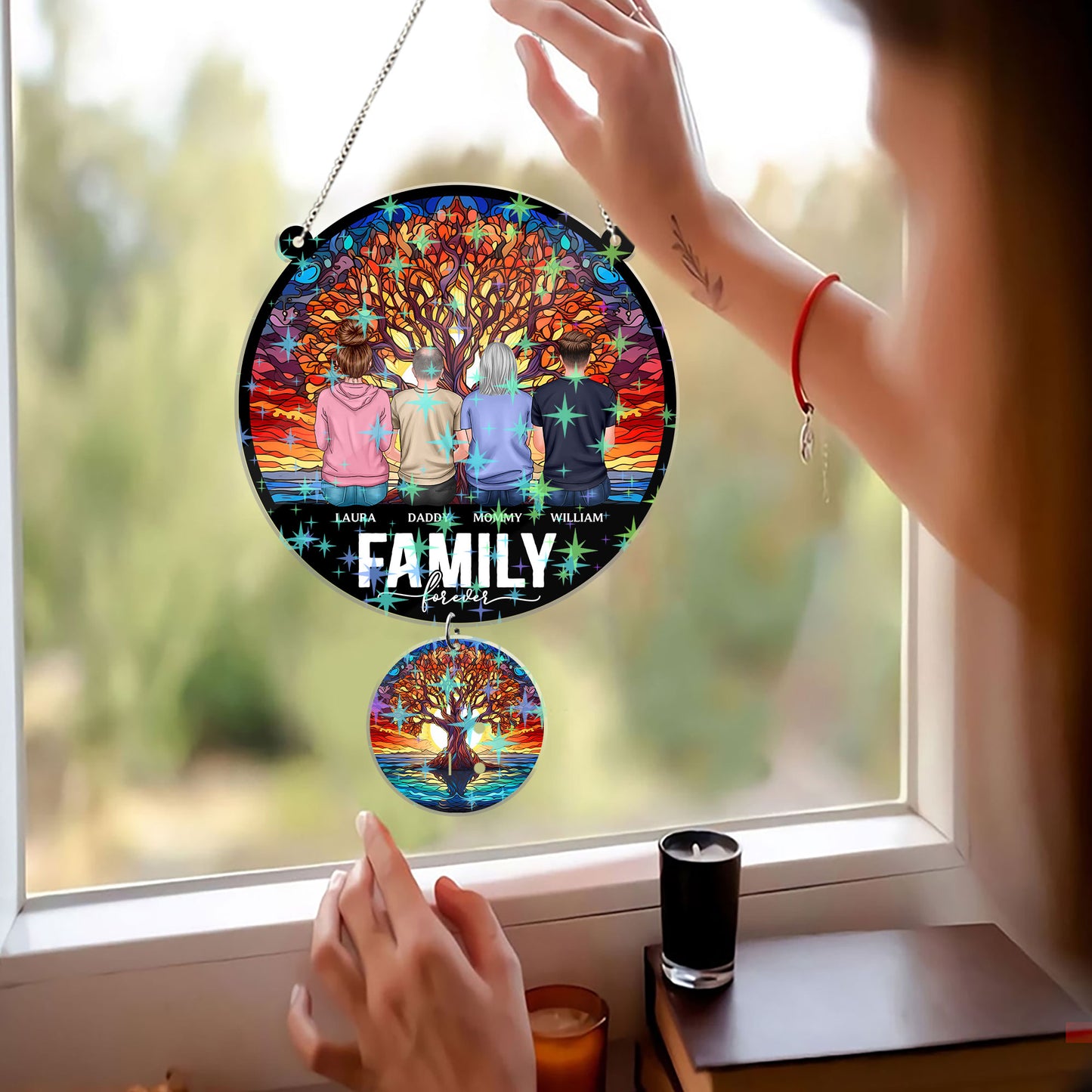 Personalized "Our Family" custom shape hologram window decor.