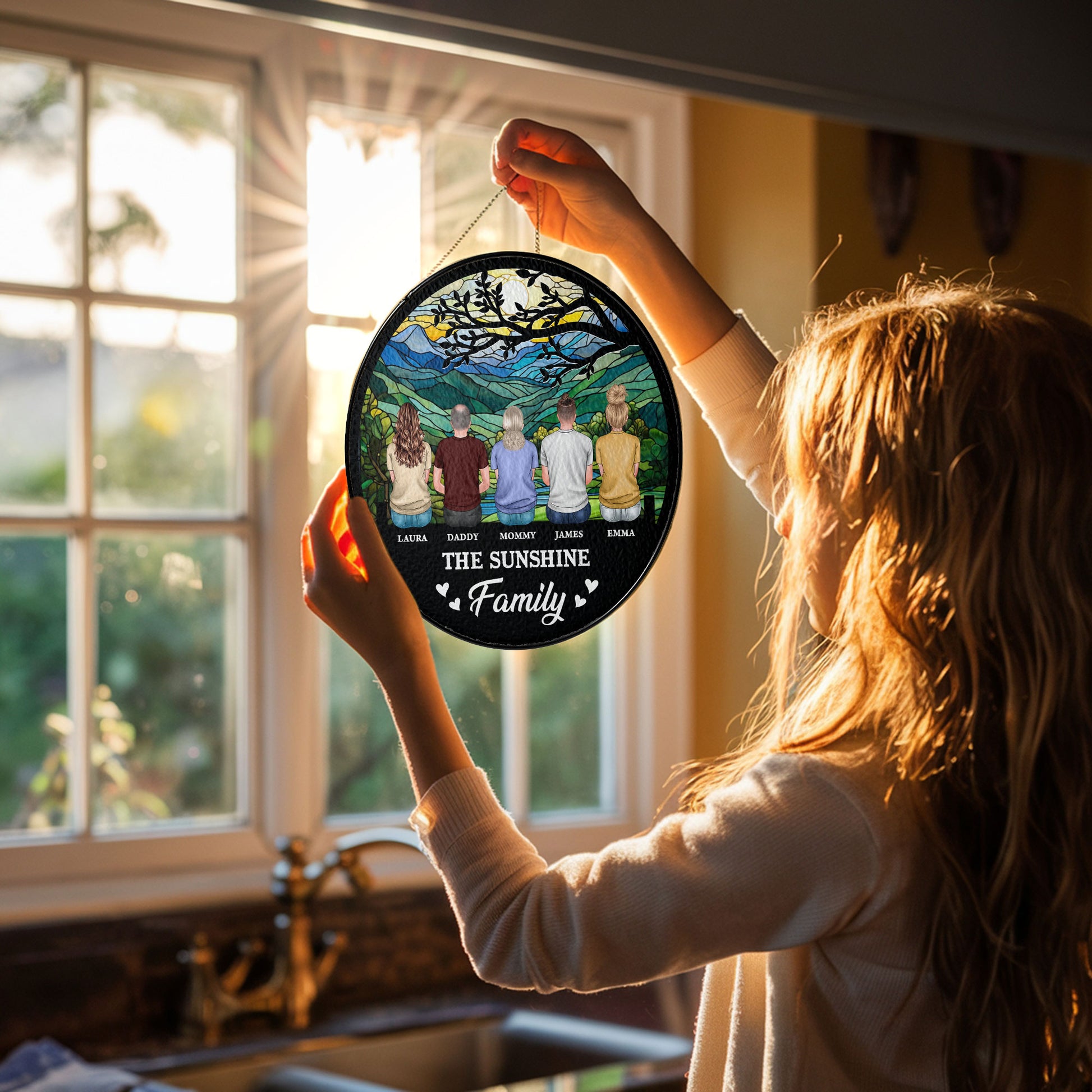 Personalized family photo stained glass suncatcher hanging in a window.