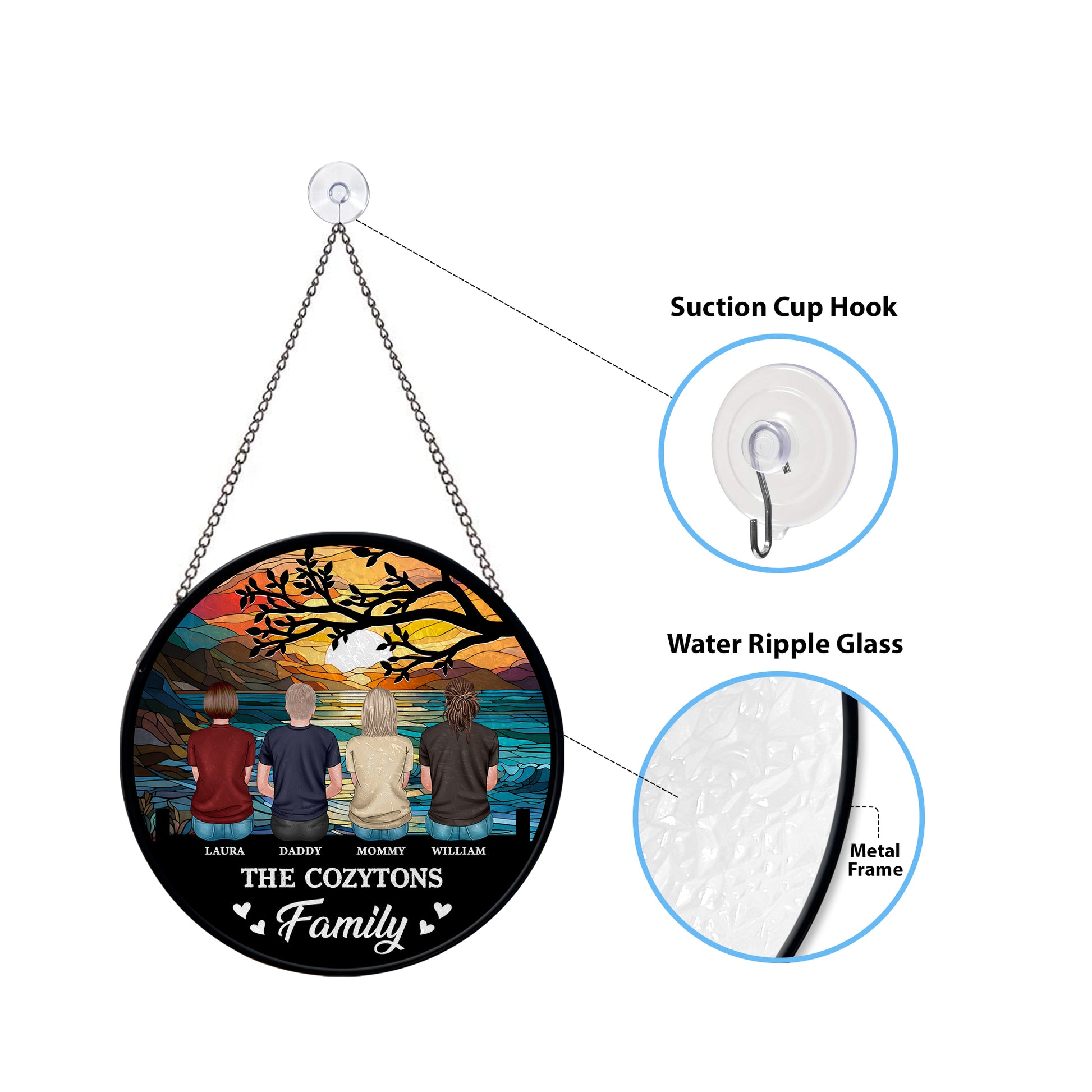 Personalized family photo stained glass suncatcher hanging in a window.