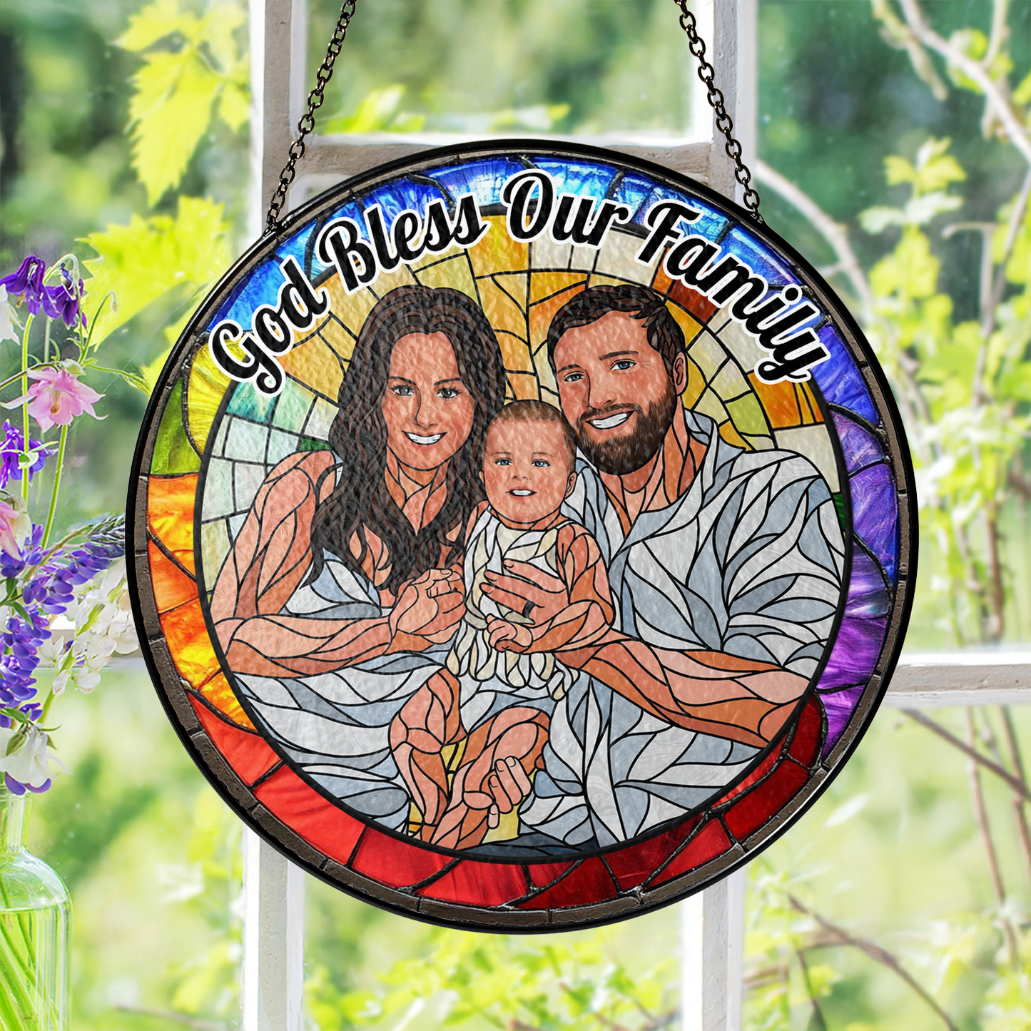Personalized family photo stained glass suncatcher hanging in a window.
